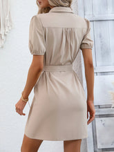 Flap Pocket Puff Sleeve Belted Shirt Dress